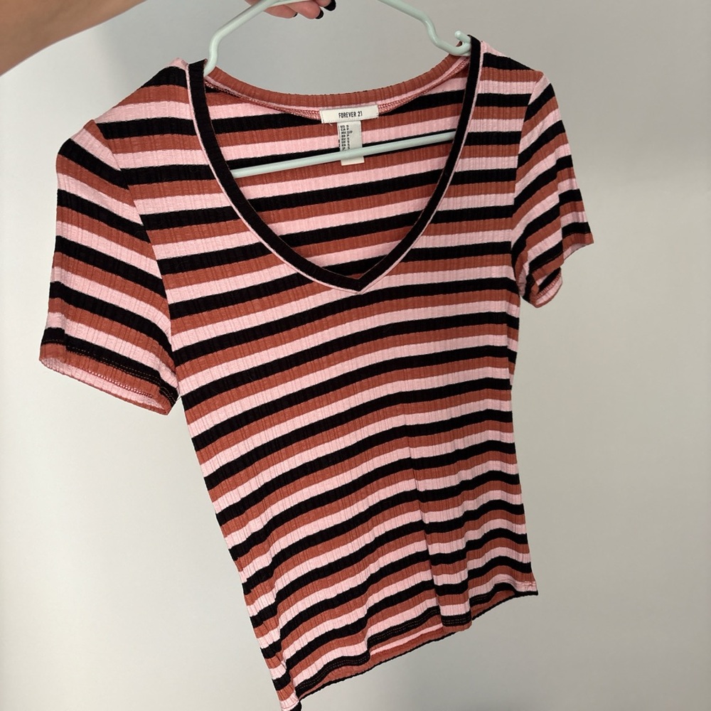 Forever 21 Pink and Black Striped V-Neck Tee